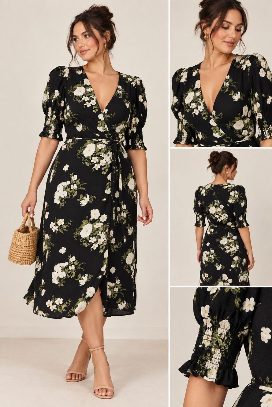Reformation Esmerelda Black Floral Wrap Midi Dress Puff Sleeve M